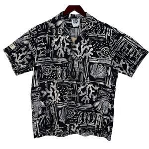 Hilo Hattie Shirt Mens L Button Up Hawaiian Floral Fish AOP Vintage 90s 1994